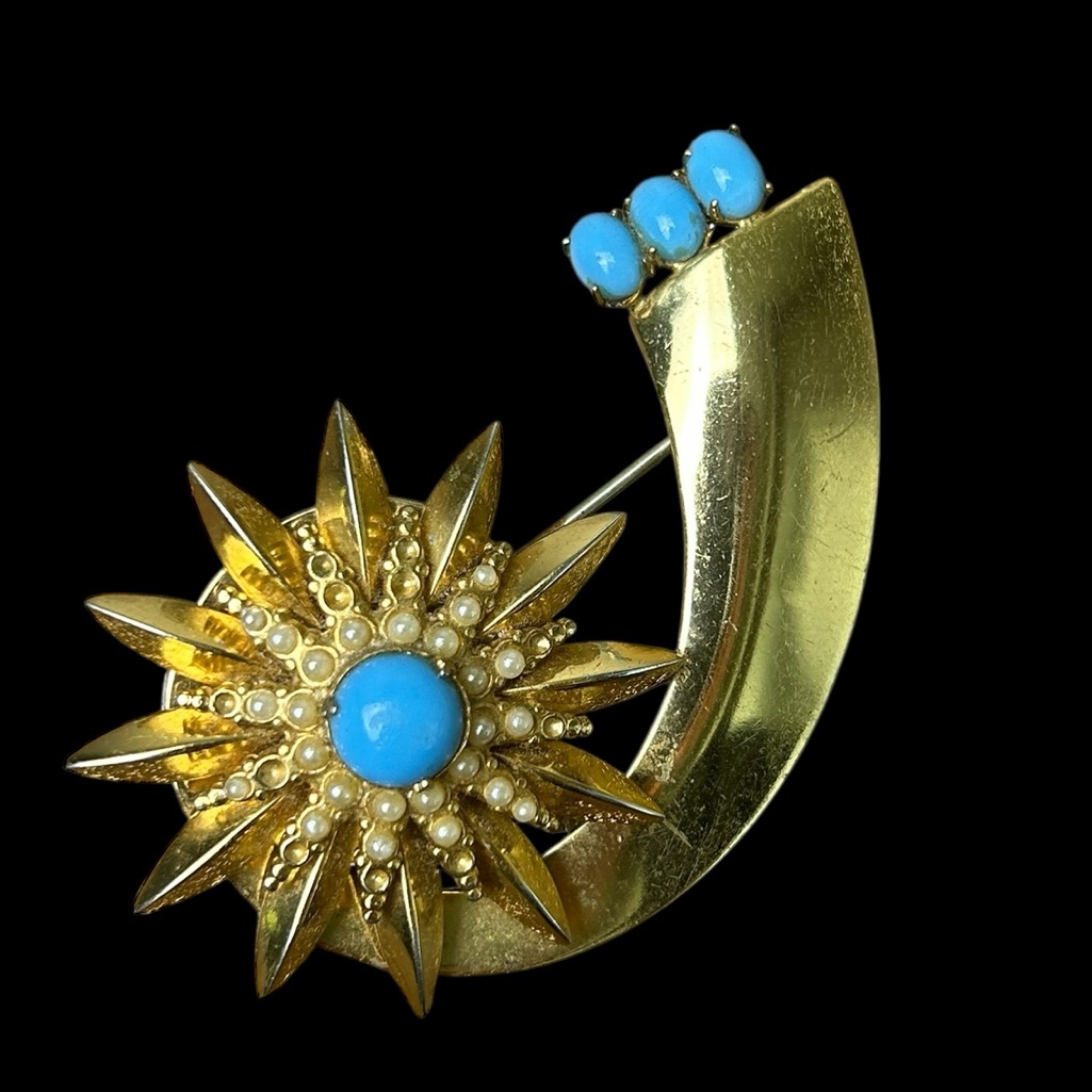 Vintage Coro Gold Tone Brooch With Turquoise Stones, Signed